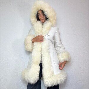 Y2k WHITE LEATHER SHERPA HOODED PENNY LANE COAT